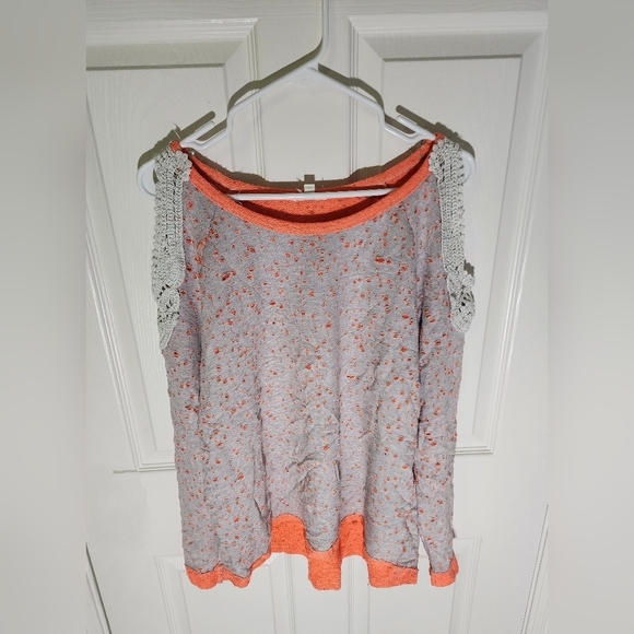 Oddy Womens Distressed Shoulder Cut Out Orange Grey Pullover Sweater - Picture 10 of 11